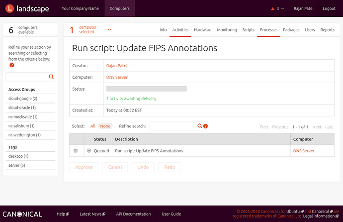 Screenshot of a FIPS configuration scan on a machine, using Landscape