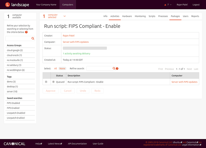 Screenshot of a FIPS Compliant configuration being applied to a machine, using Landscape