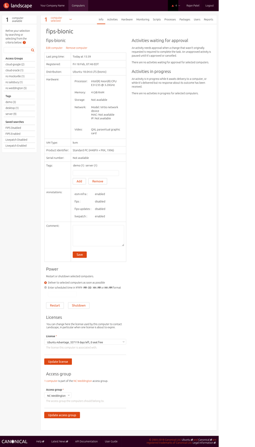 Screenshot of the Info screen for a machine, in Landscape