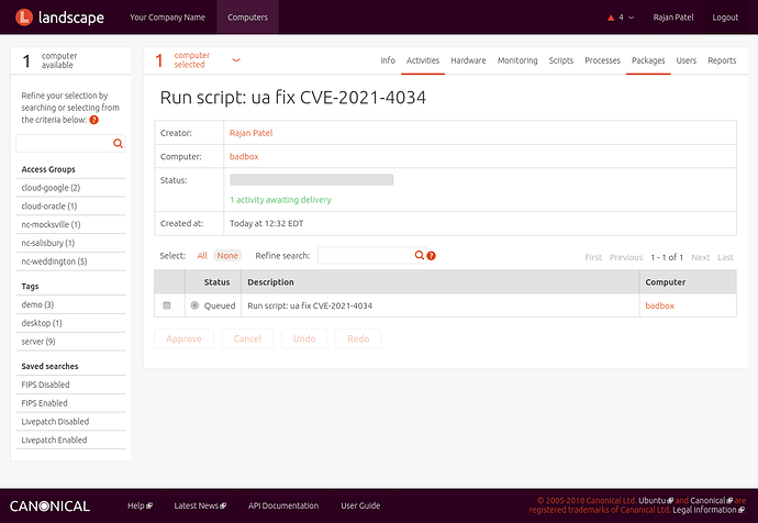 Screenshot of Landscape's remote script execution, the script is queued