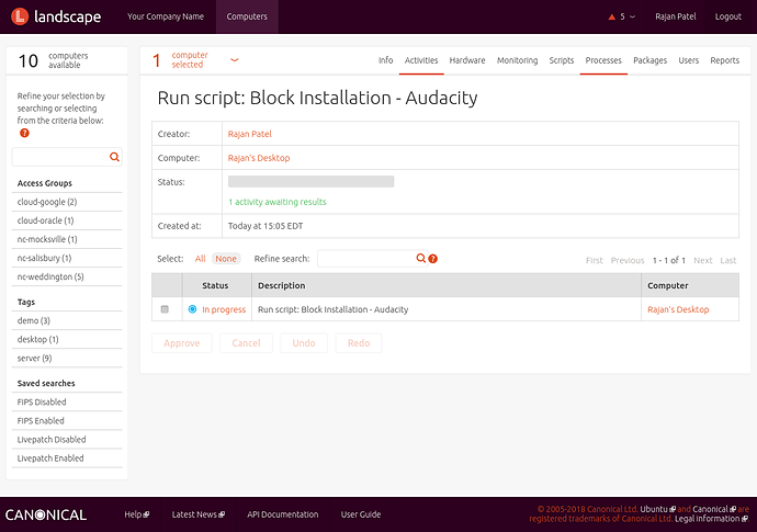 Screenshot of a running script in the Landscape Dashboard