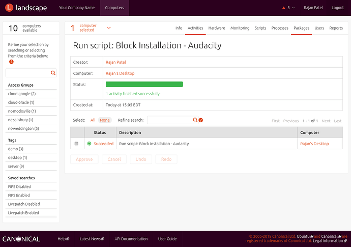 Screenshot of successfully run script in the Landscape Dashboard