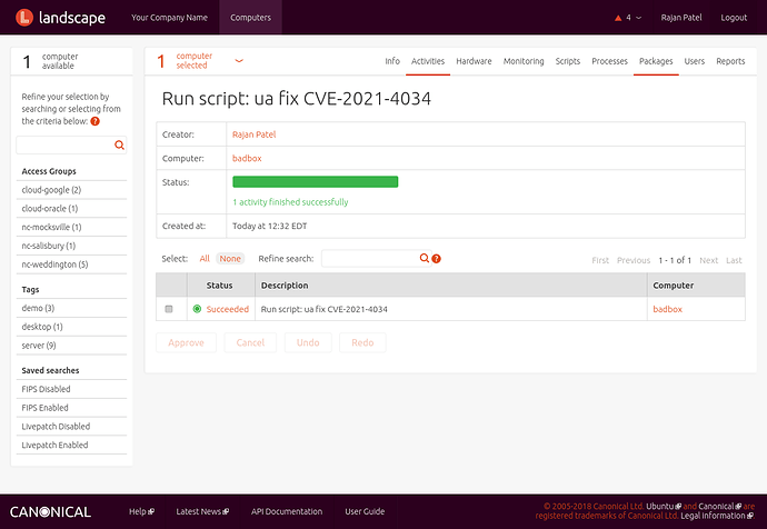 Screenshot of Landscape's remote script execution, the script has been run successfully
