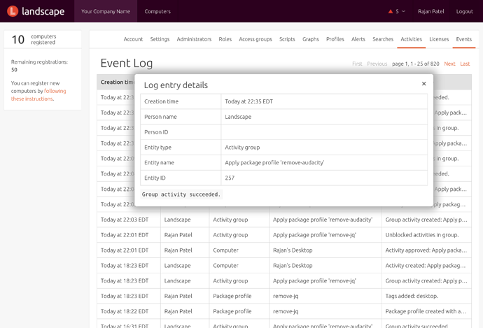 Screenshot of the Package Profile activity in the Landscape Event Log