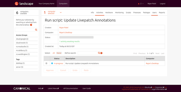 The Activities tab within Landscape shows details of previously run scripts