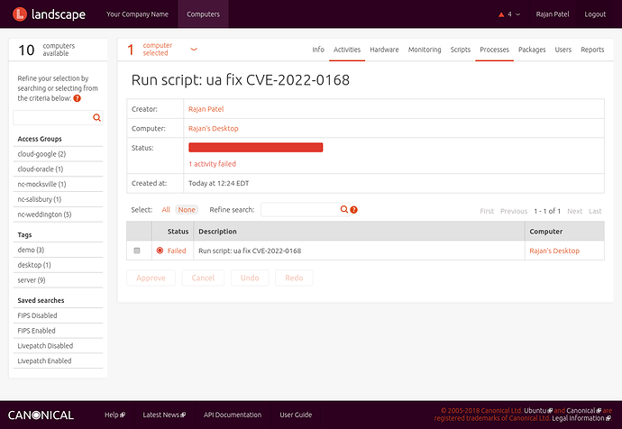 Screenshot of Landscape's remote script execution, the script has failed