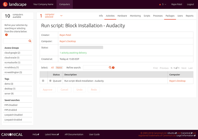 Screenshot of queued script in the Landscape Dashboard