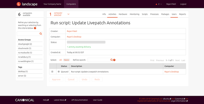Screenshot of the Livepatch Annotations script being run via Landscape