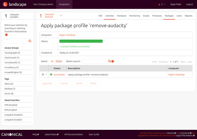 Screenshot of a successfully applied Package Profile